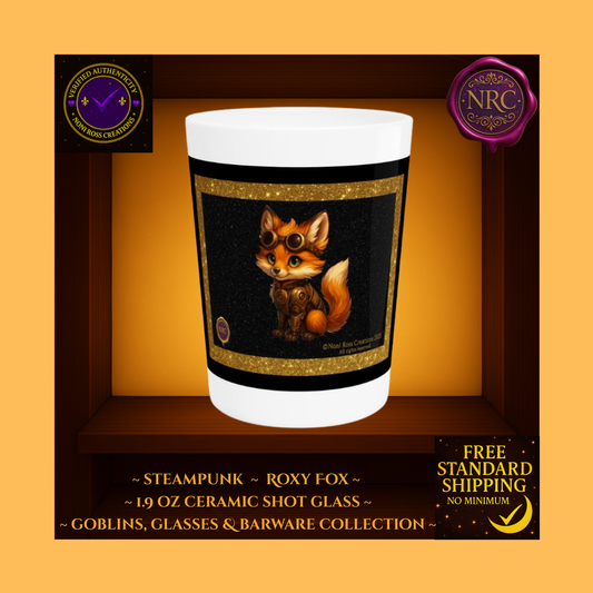 Steampunk Roxy Fox 1.9oz ceramic shot glass featuring a charming orange fox in brass goggles and gear-plated armor on a black glitter and gold frame — part of the Goblins, Glasses & Barware Collection by Noni Ross Creations.
