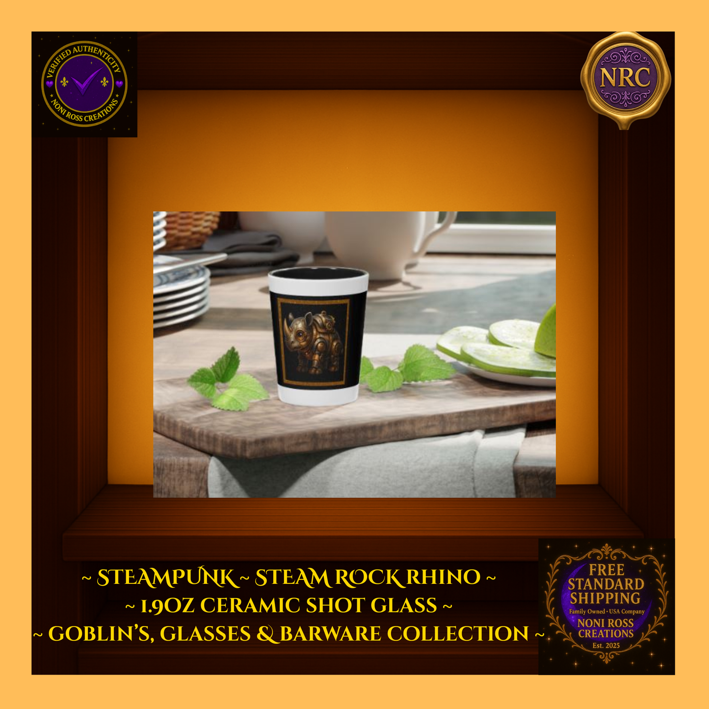 Steampunk Steam Rock Rhino Ceramic Shot Glass by Noni Ross Creations