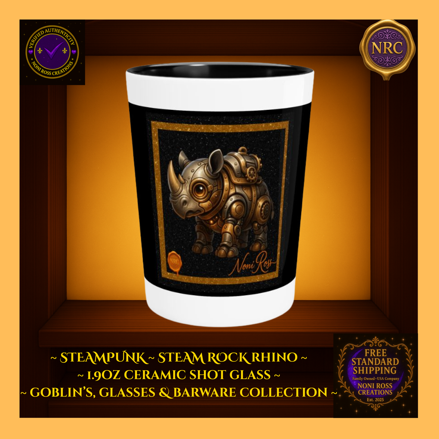 Steampunk Steam Rock Rhino Ceramic Shot Glass by Noni Ross Creations