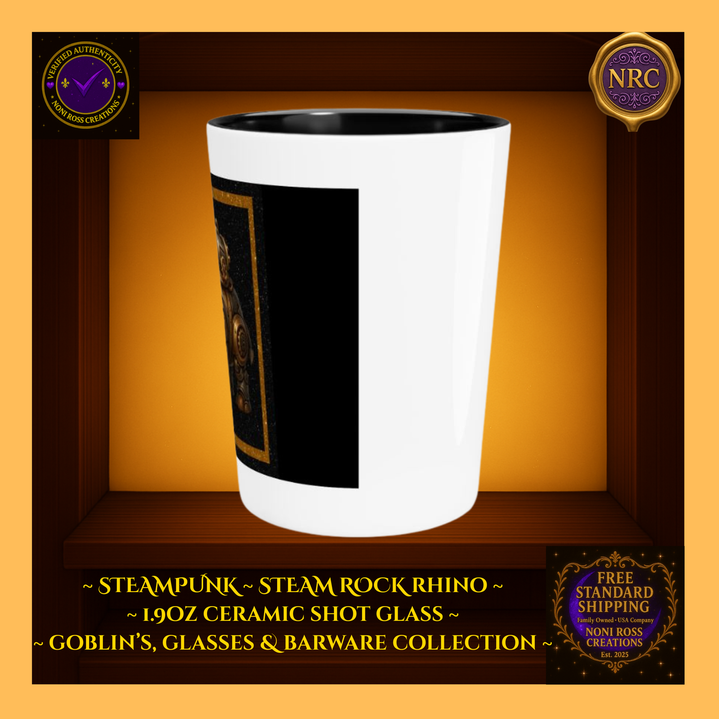 Steampunk Steam Rock Rhino Ceramic Shot Glass by Noni Ross Creations