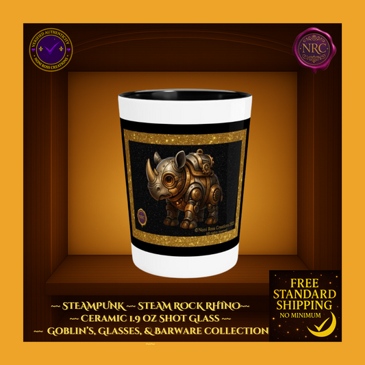 Steampunk Steam Rock Rhino on black-and-gold glitter panel; white 1.9oz ceramic shot glass with black interior — Noni Ross Creations.