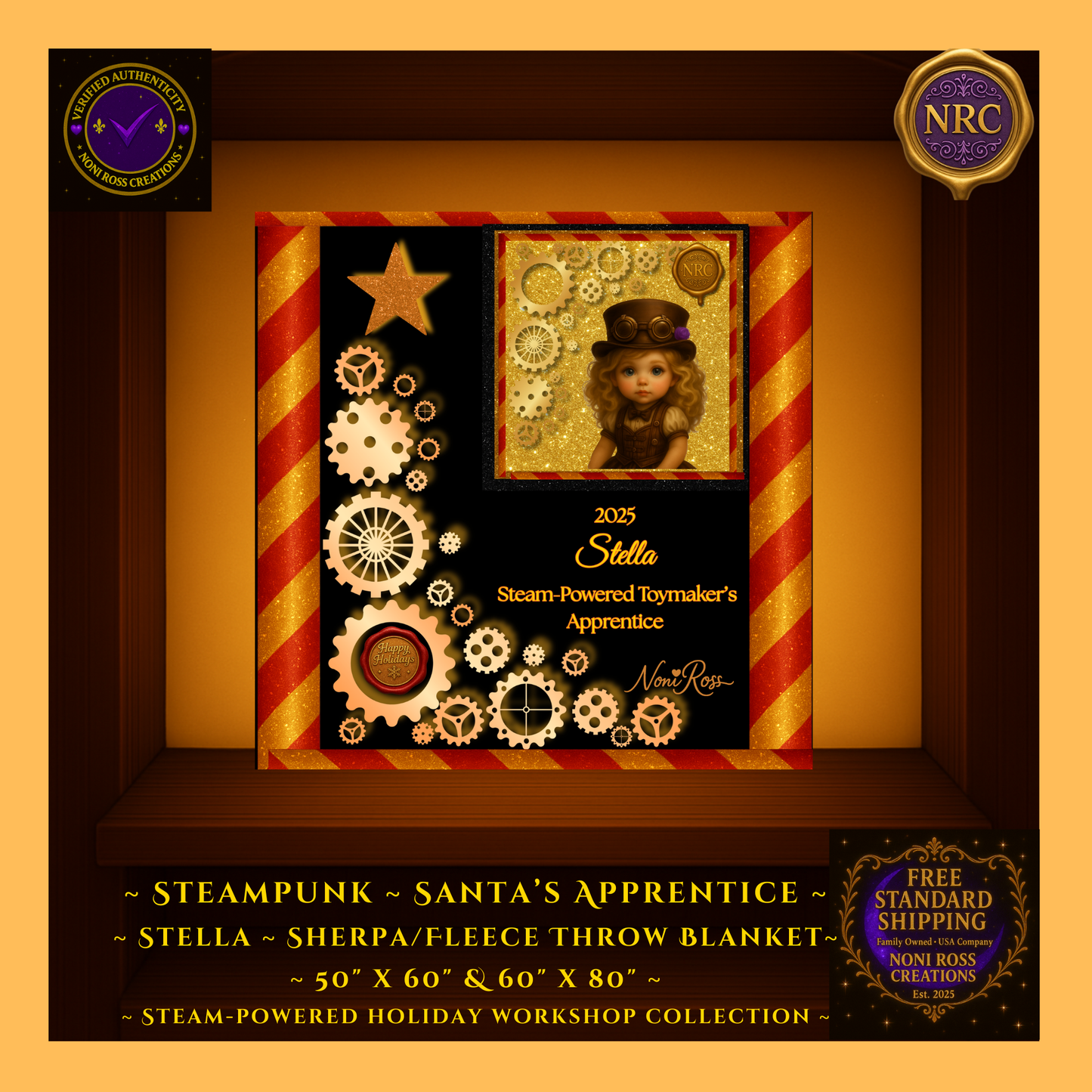 Stella the Steam-Powered Sprocket Sprite Santa’s Apprentice sherpa blanket with golden gears and red-gold striped border on black background