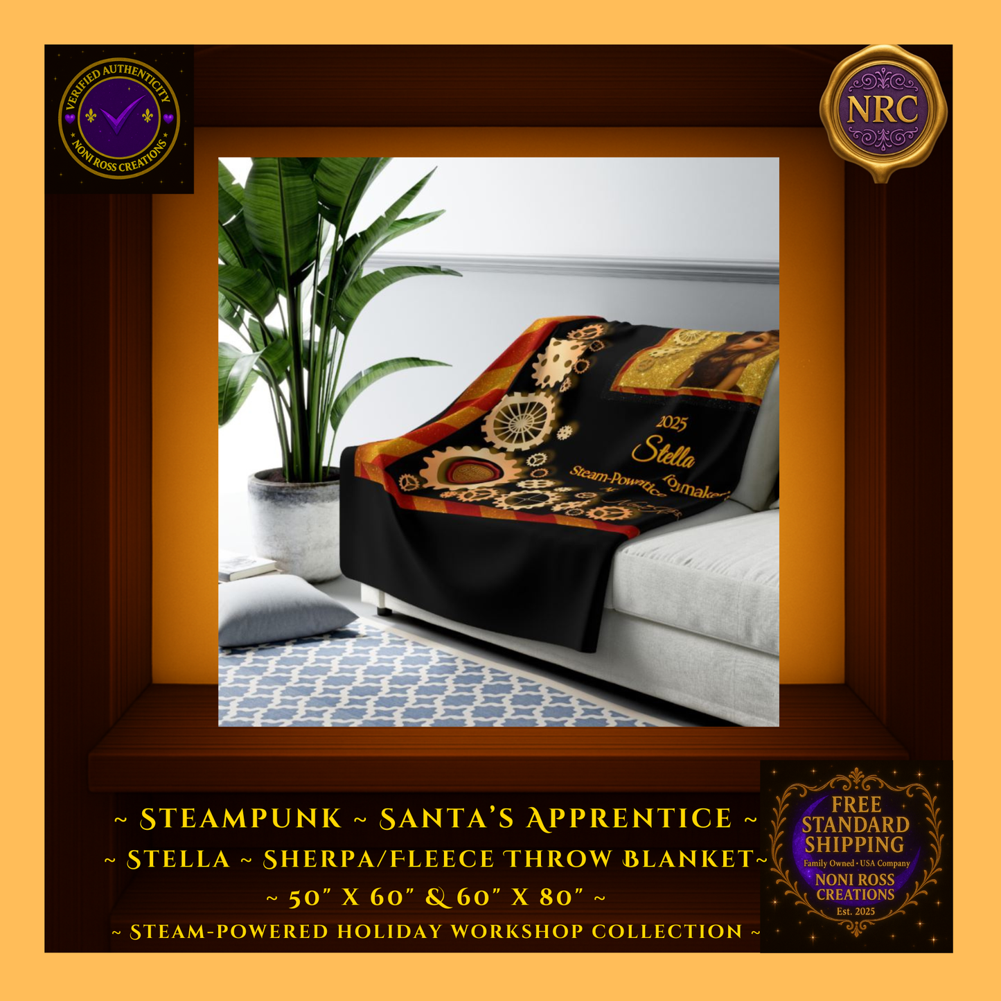 Stella steampunk sherpa blanket draped over a cozy couch and crib, adding warm golden holiday sparkle to the room decor