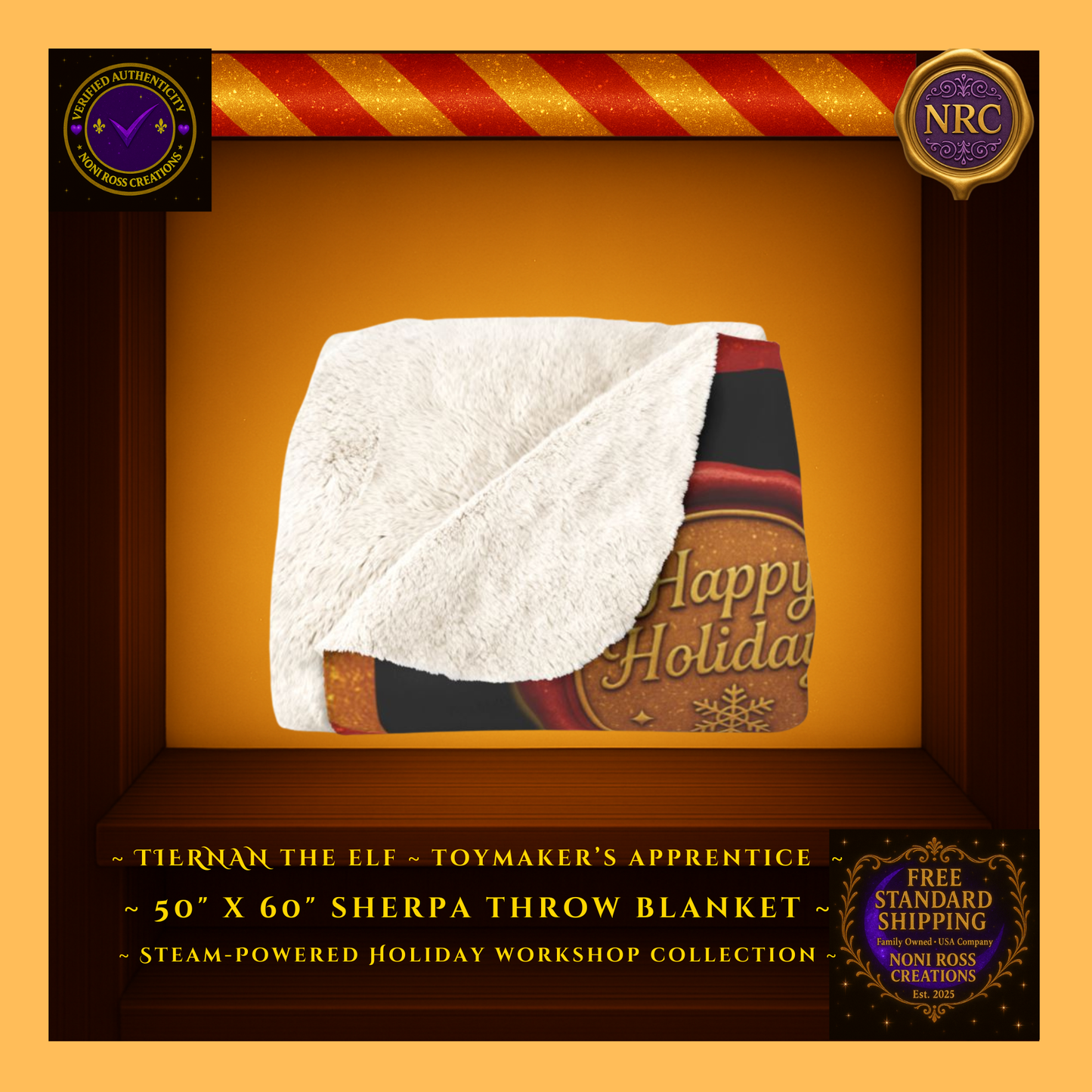 Tiernan the Christmas Elf sherpa blanket folded to reveal soft white sherpa backing and detailed Christmas artwork inside a gold cubby frame