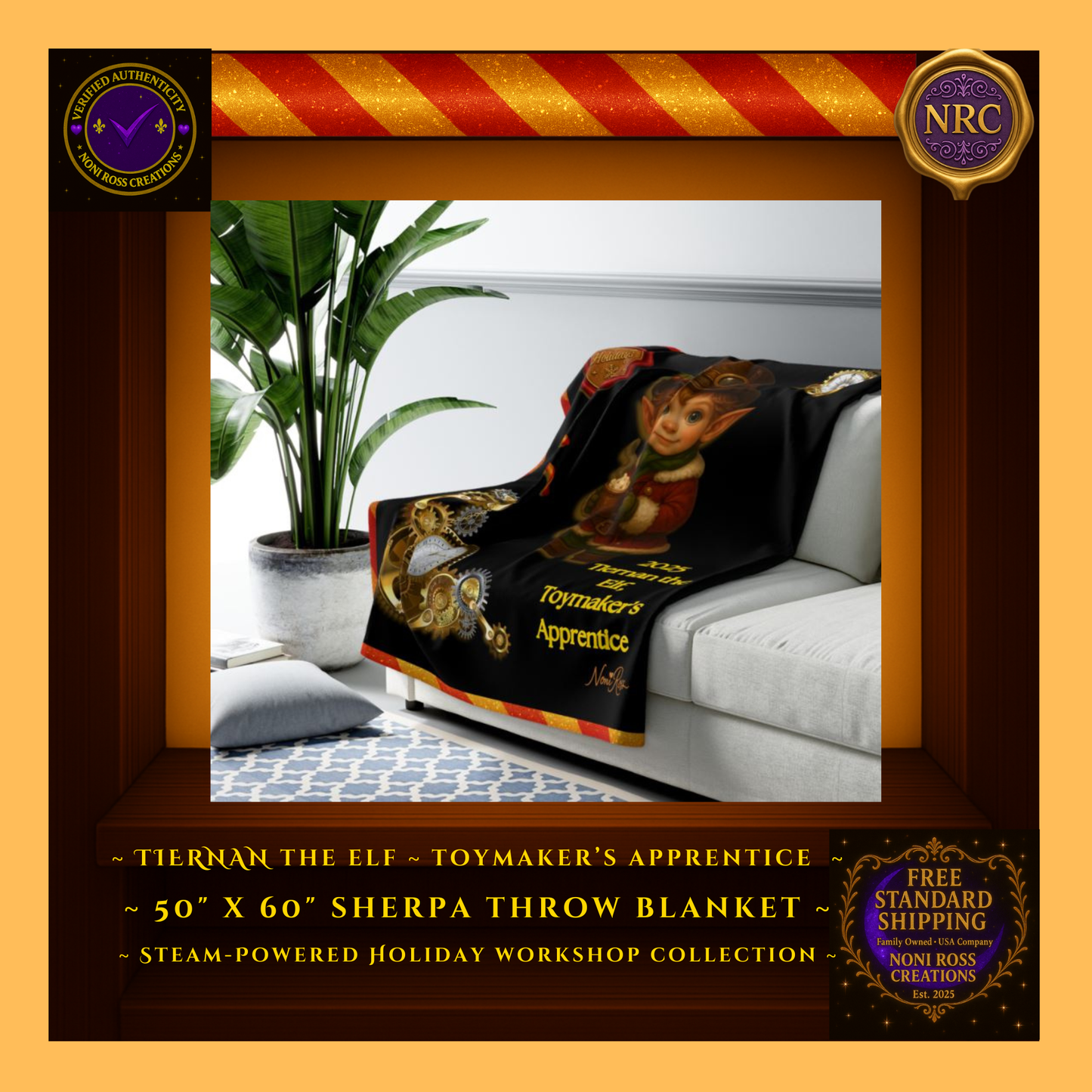 Tiernan the Christmas Elf sherpa blanket draped over a crib rail in a gold cubby frame styled as whimsical Christmas nursery décor