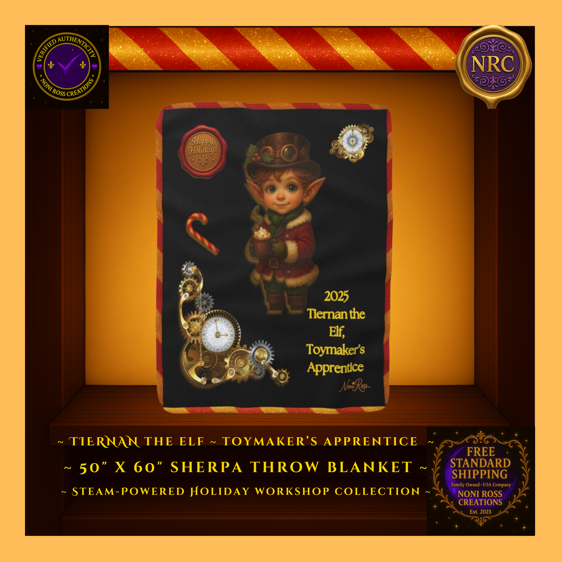 Tiernan the Christmas Elf sherpa throw blanket displayed in a gold cubby frame with festive steampunk gears and NRC holiday branding