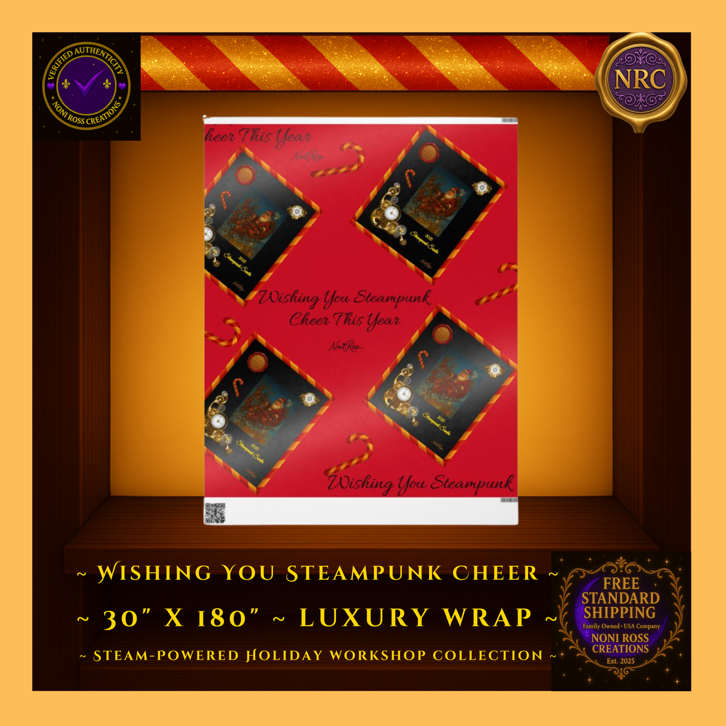 Close-up 30x180 Santa Steampunk Wrapping Paper – Red Holiday Gift Wrap – Noni Ross Creations