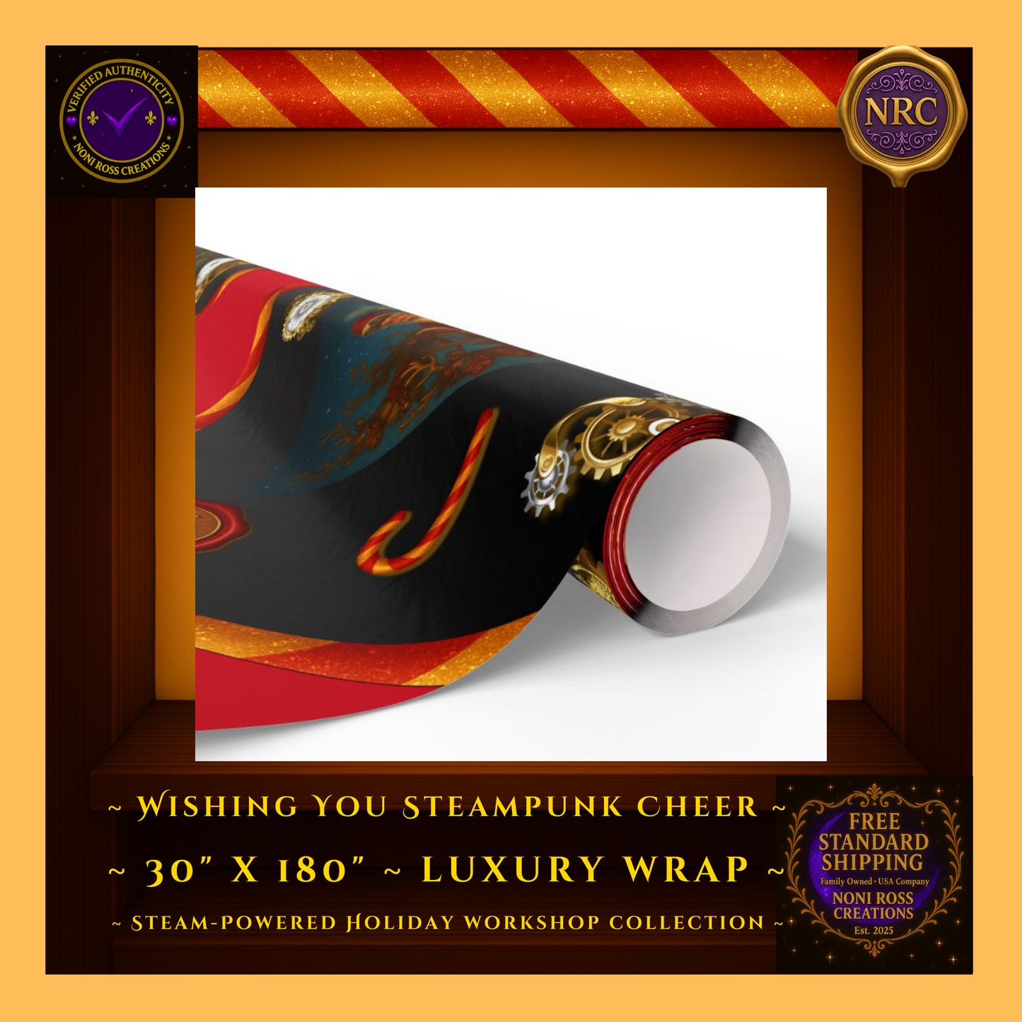 30x180 Holiday Gift Wrap Sheet – Steampunk Santa Red Paper on Gift Box – Noni Ross Creations