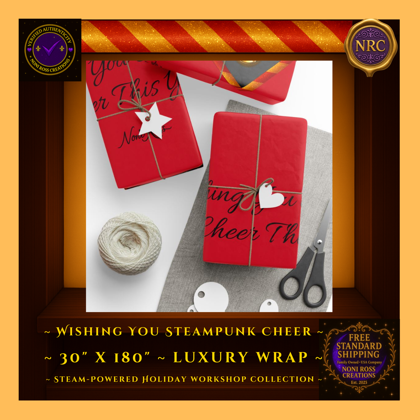 Steampunk Red Wrapping Paper 30x180 – Premium Christmas Gift Wrap – Noni Ross Creations