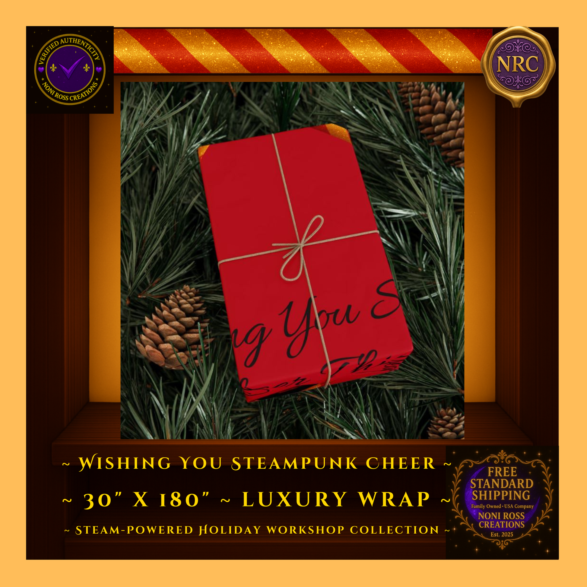 30x180 Festive Steampunk Gift Wrap – Luxury Red Paper with Vintage Santa – Noni Ross Creations