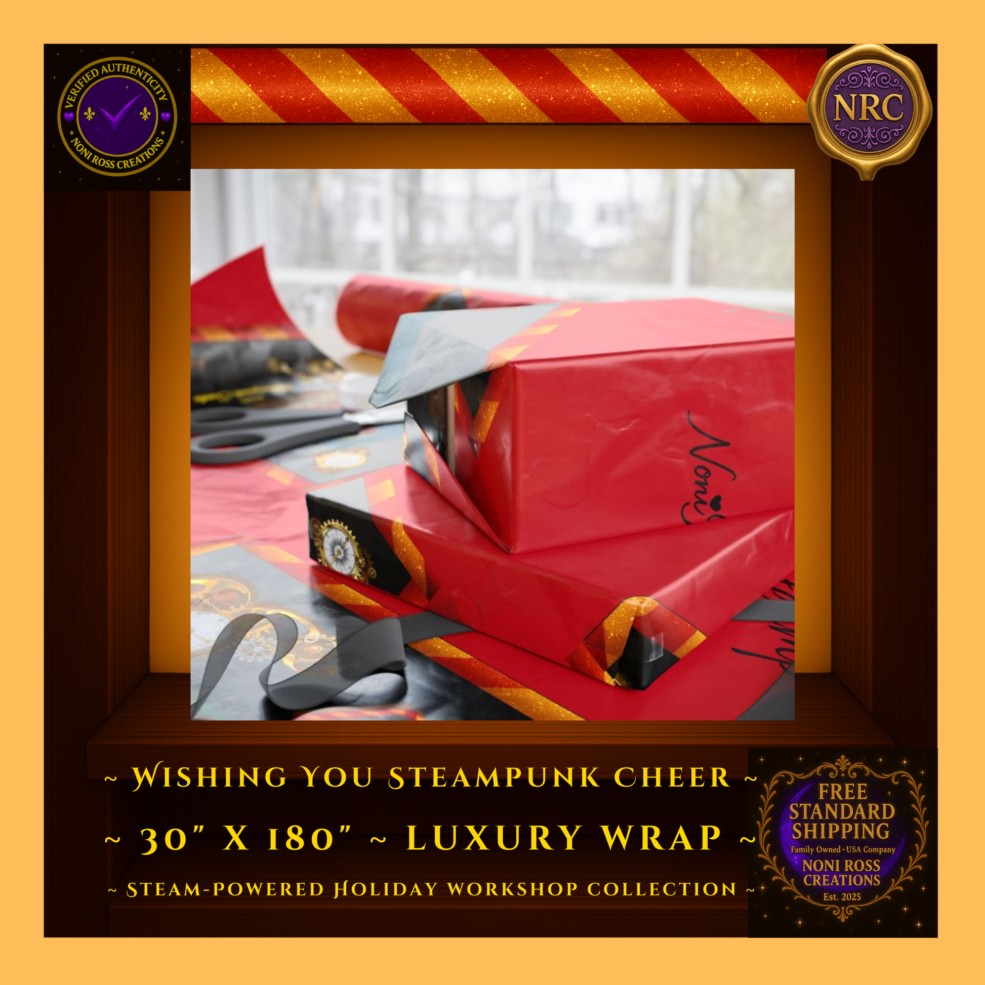Steampunk Crimson Holiday Wrap 30x180 – Gears, Gold Accents & Santa Art – Noni Ross Creations