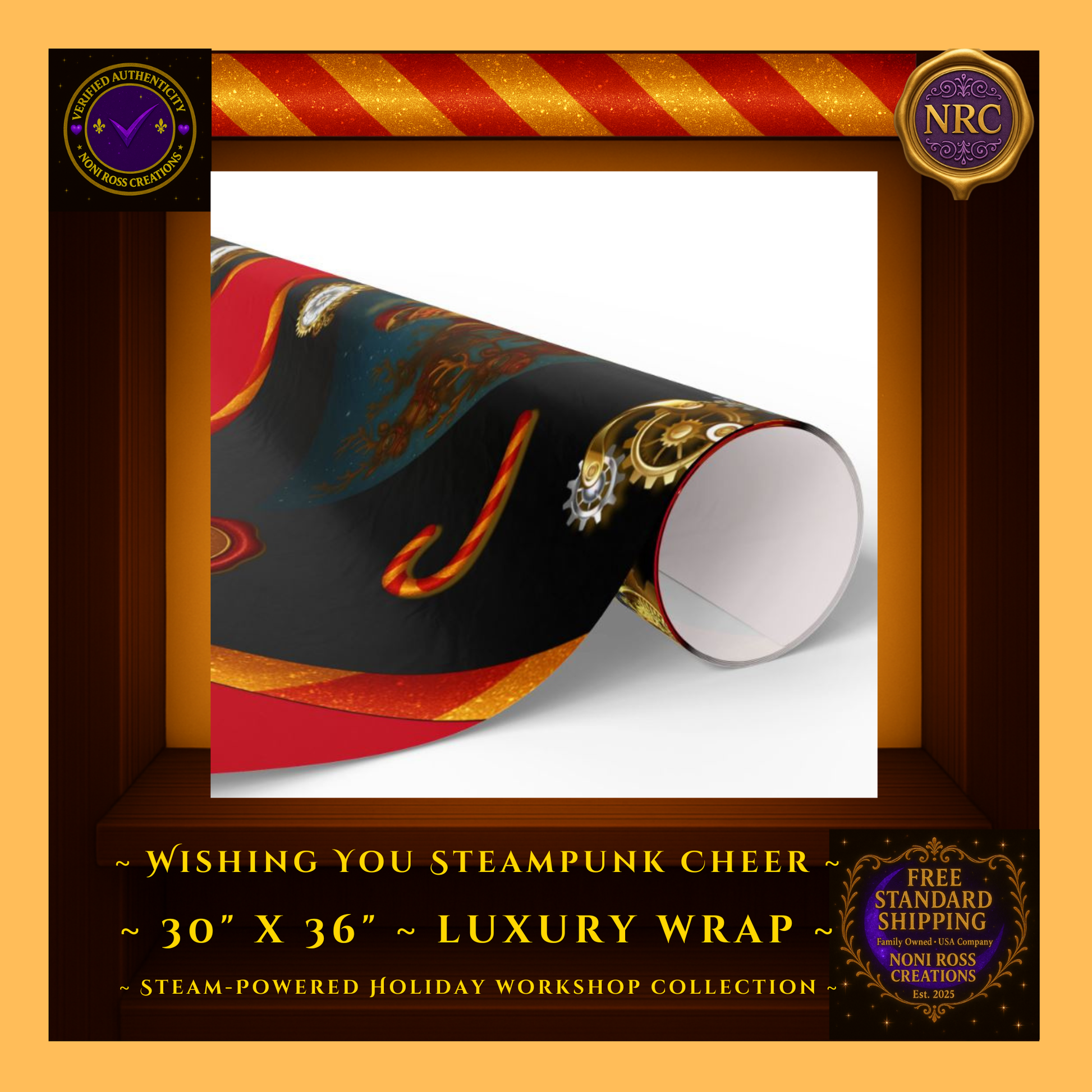 30x36 Holiday Gift Wrap Sheet – Steampunk Santa Red Paper on Gift Box – Noni Ross Creations