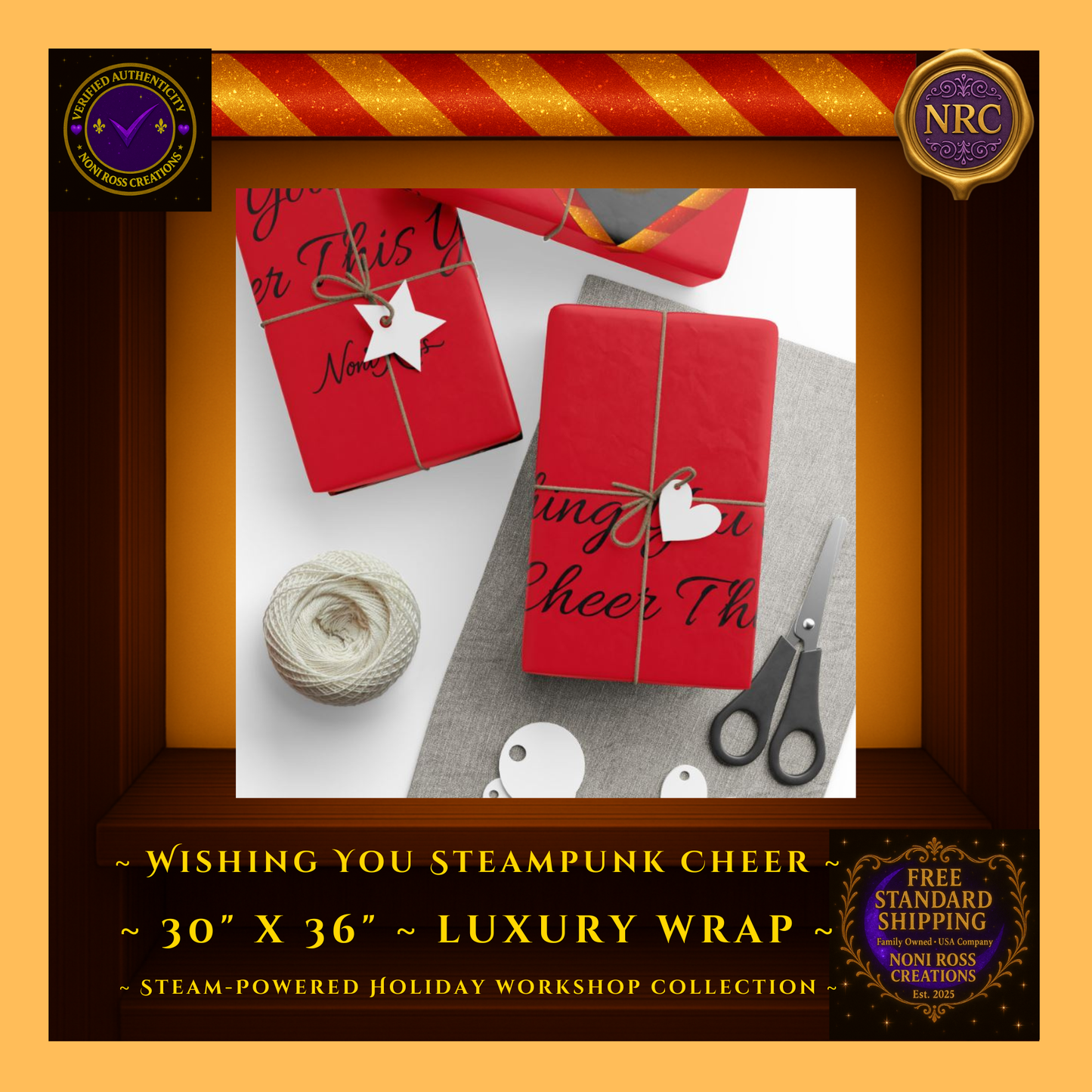 Steampunk Red Wrapping Paper 30x36 – Premium Christmas Gift Wrap – Noni Ross Creations