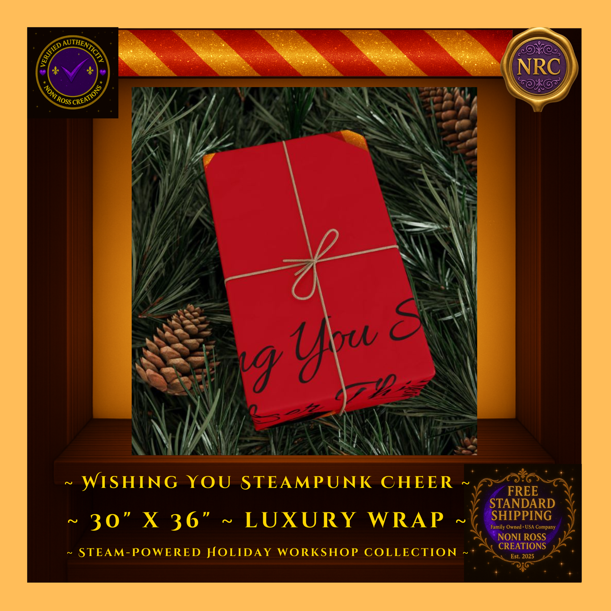 30x36 Festive Steampunk Gift Wrap – Luxury Red Paper with Vintage Santa – Noni Ross Creations