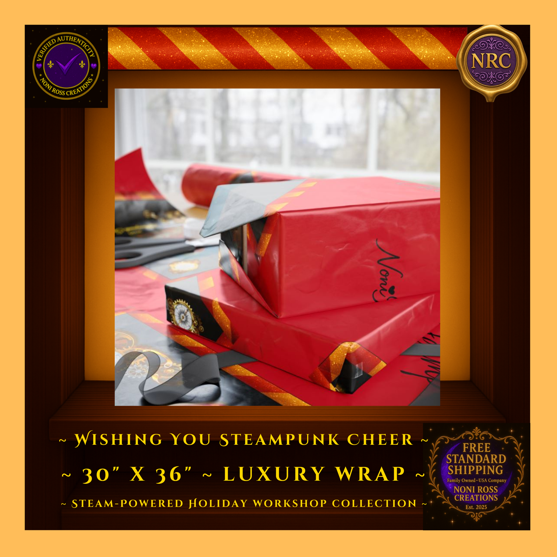 Steampunk Crimson Holiday Wrap 30x72 – Gears, Gold Accents & Santa Art – Noni Ross Creations