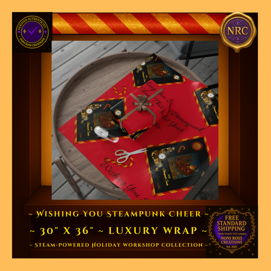 30x36 Steampunk Holiday Wrapping Paper – Wishing You Steampunk Cheer – Red & Gold Santa Art Gift Wrap – Noni Ross Creations
