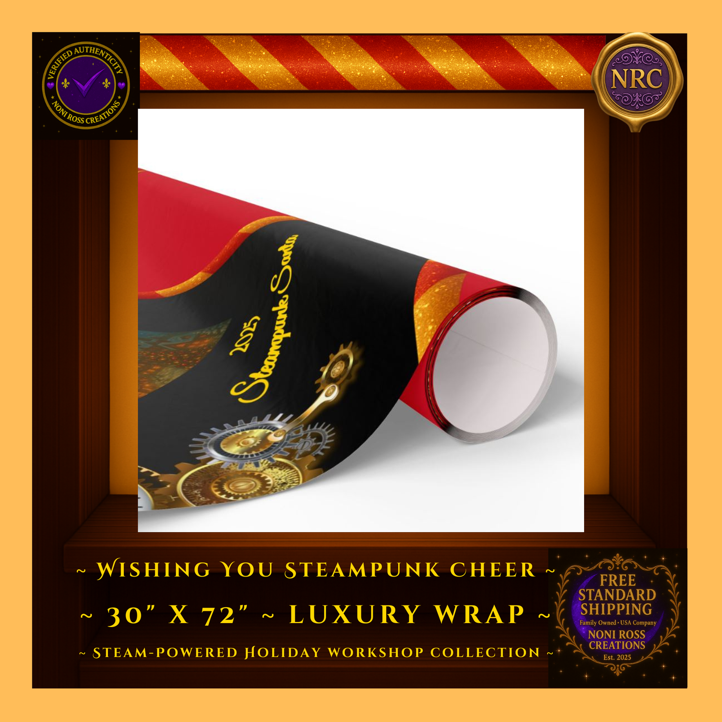 30x72 Holiday Gift Wrap Sheet – Steampunk Santa Red Paper on Gift Box – Noni Ross Creations