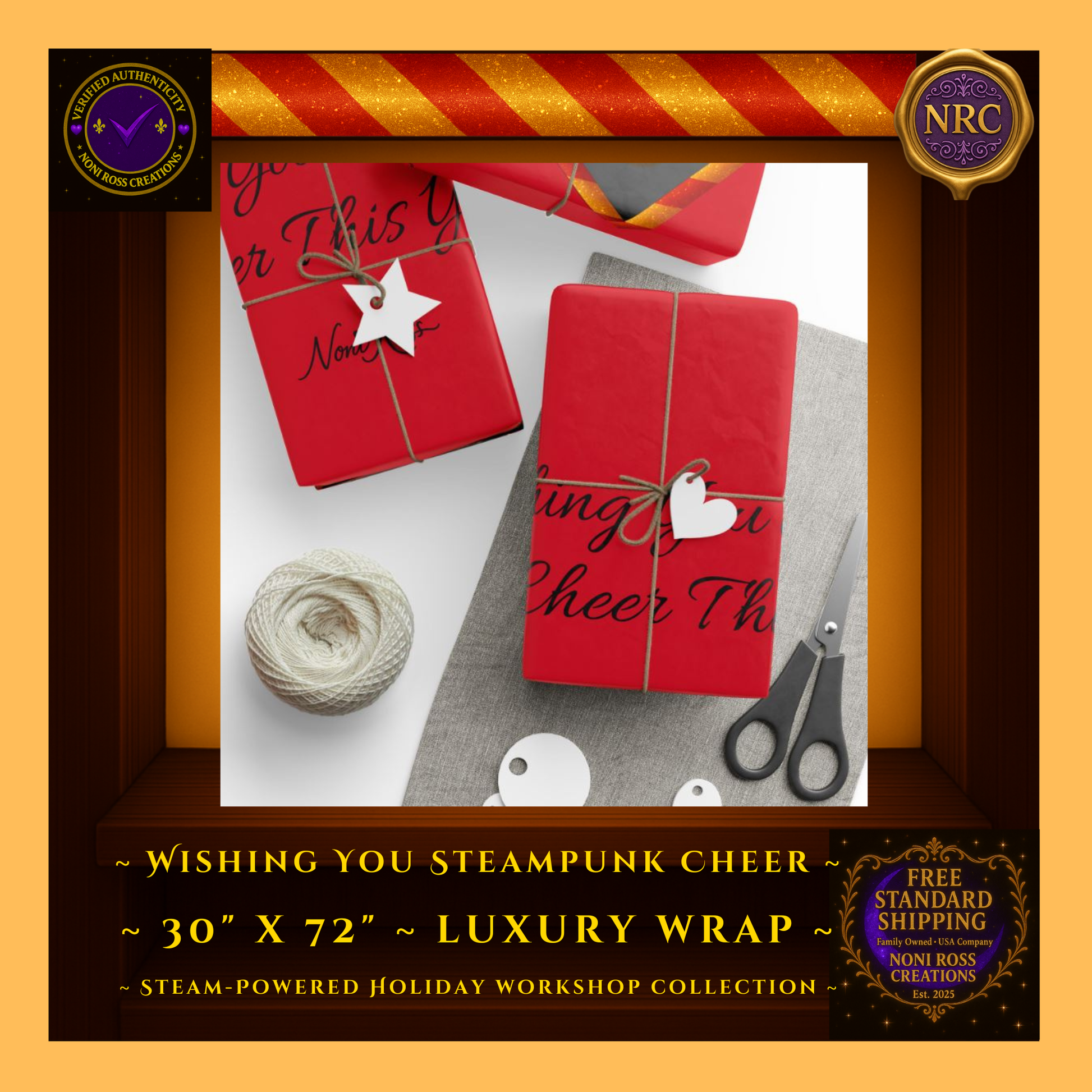 Steampunk Red Wrapping Paper 30x72 – Premium Christmas Gift Wrap – Noni Ross Creations