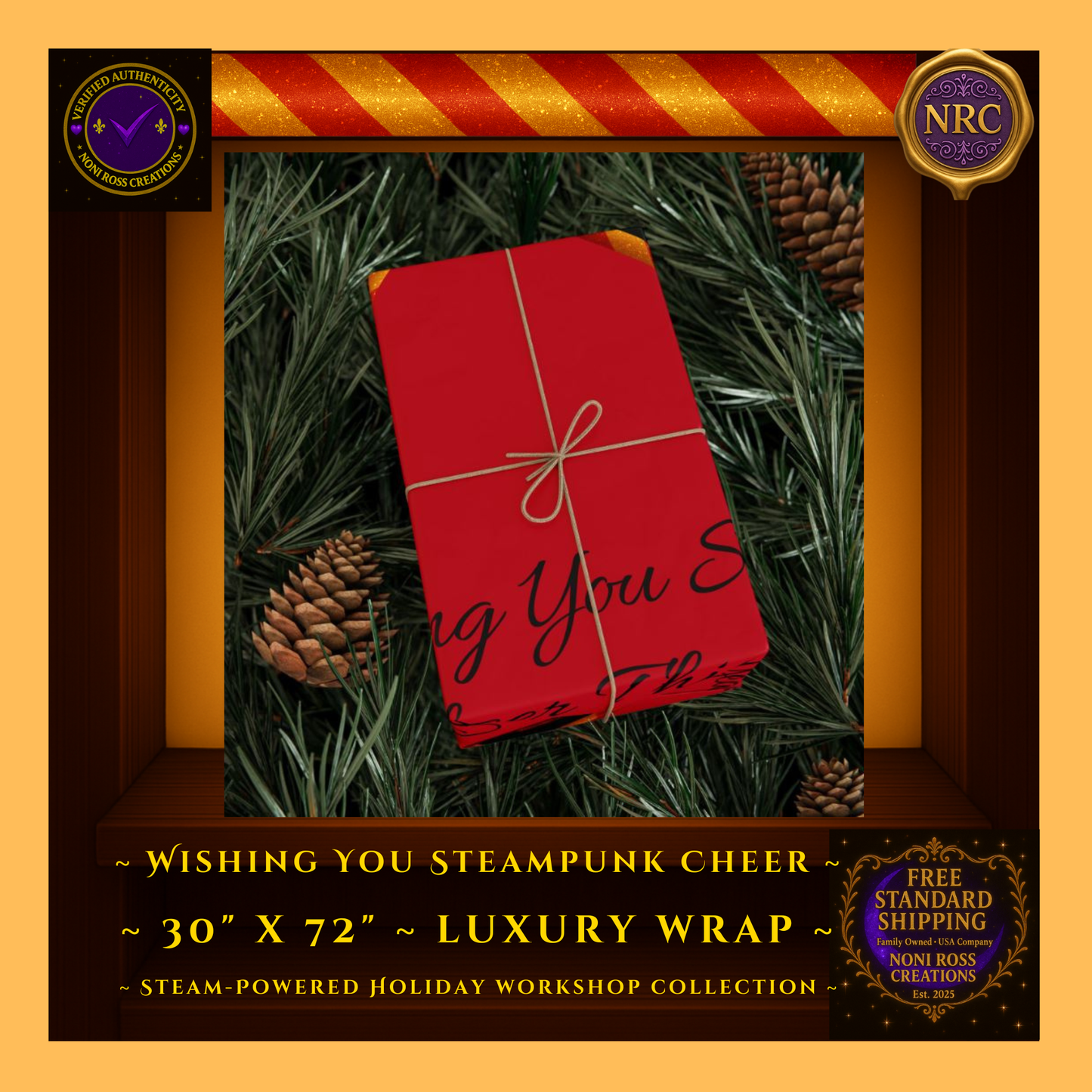 30x72 Festive Steampunk Gift Wrap – Luxury Red Paper with Vintage Santa – Noni Ross Creations