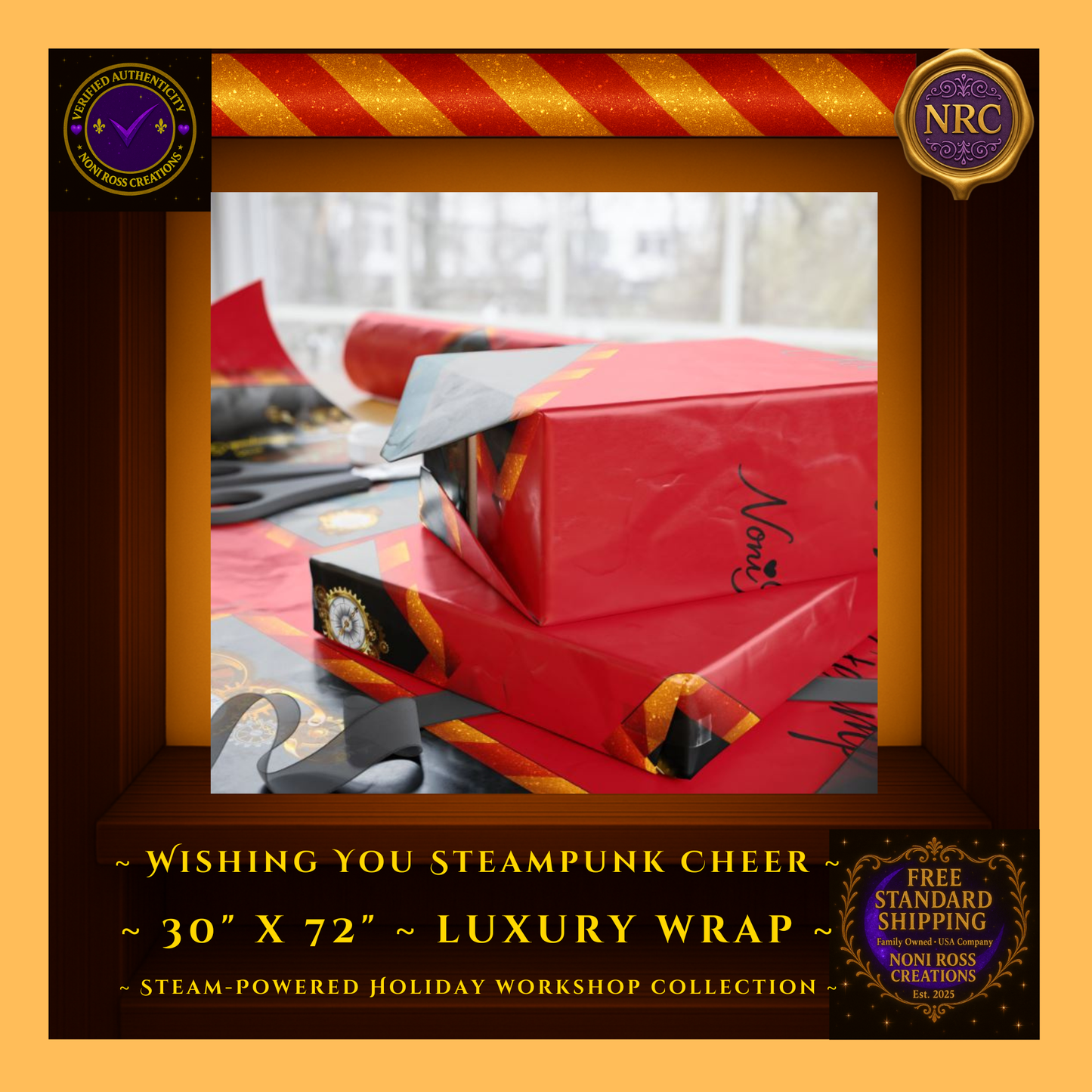 Steampunk Crimson Holiday Wrap 30x36 – Gears, Gold Accents & Santa Art – Noni Ross Creations