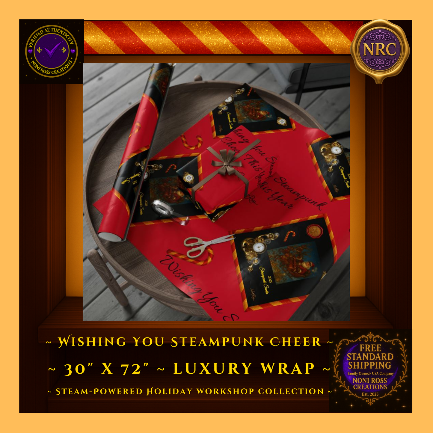 30x72 Steampunk Holiday Wrapping Paper – Wishing You Steampunk Cheer – Red & Gold Santa Artwork – Noni Ross Creations