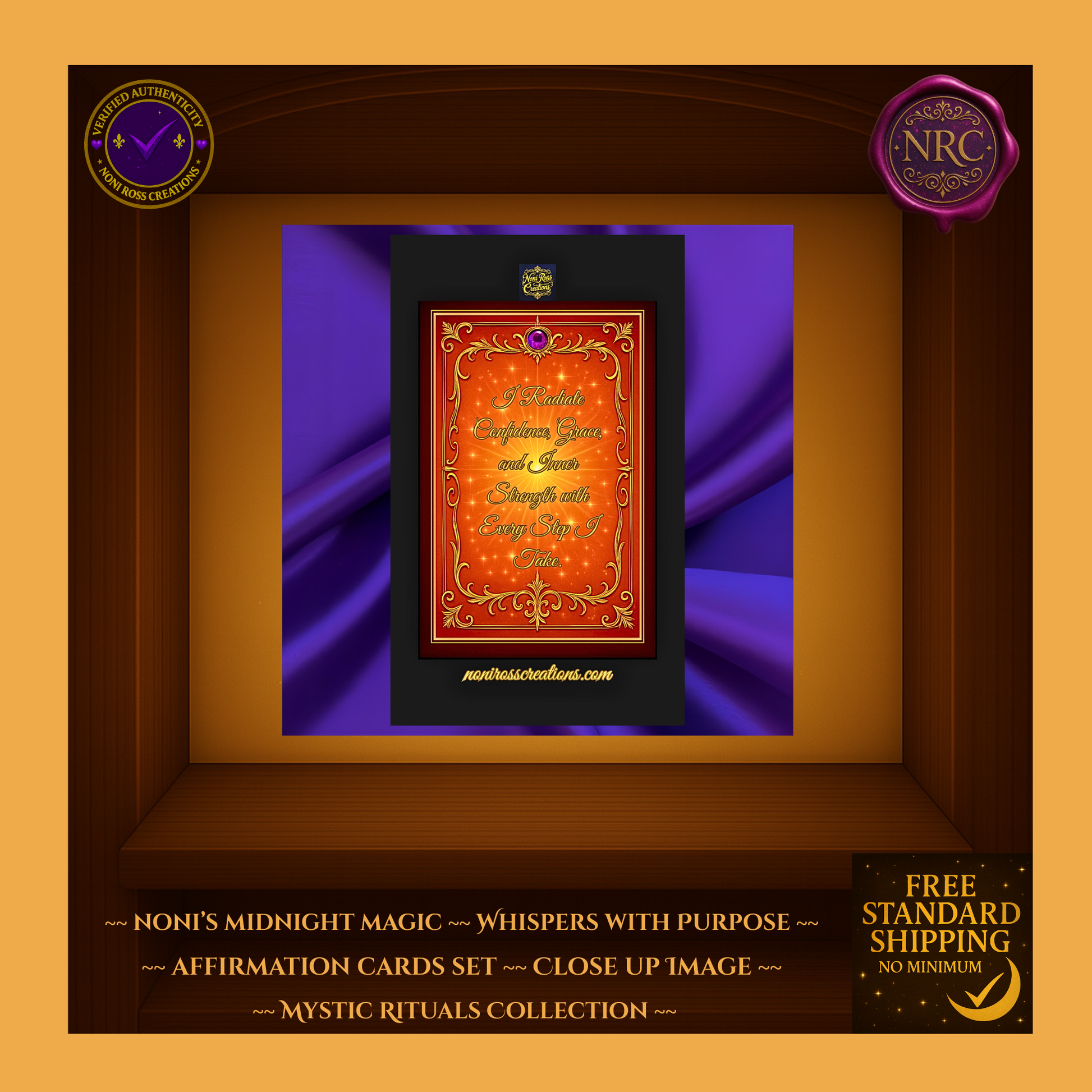 Close-up of Whispers with Purpose card front—ornate gold filigree frame, luminous text and jewel accent, high-detail print.