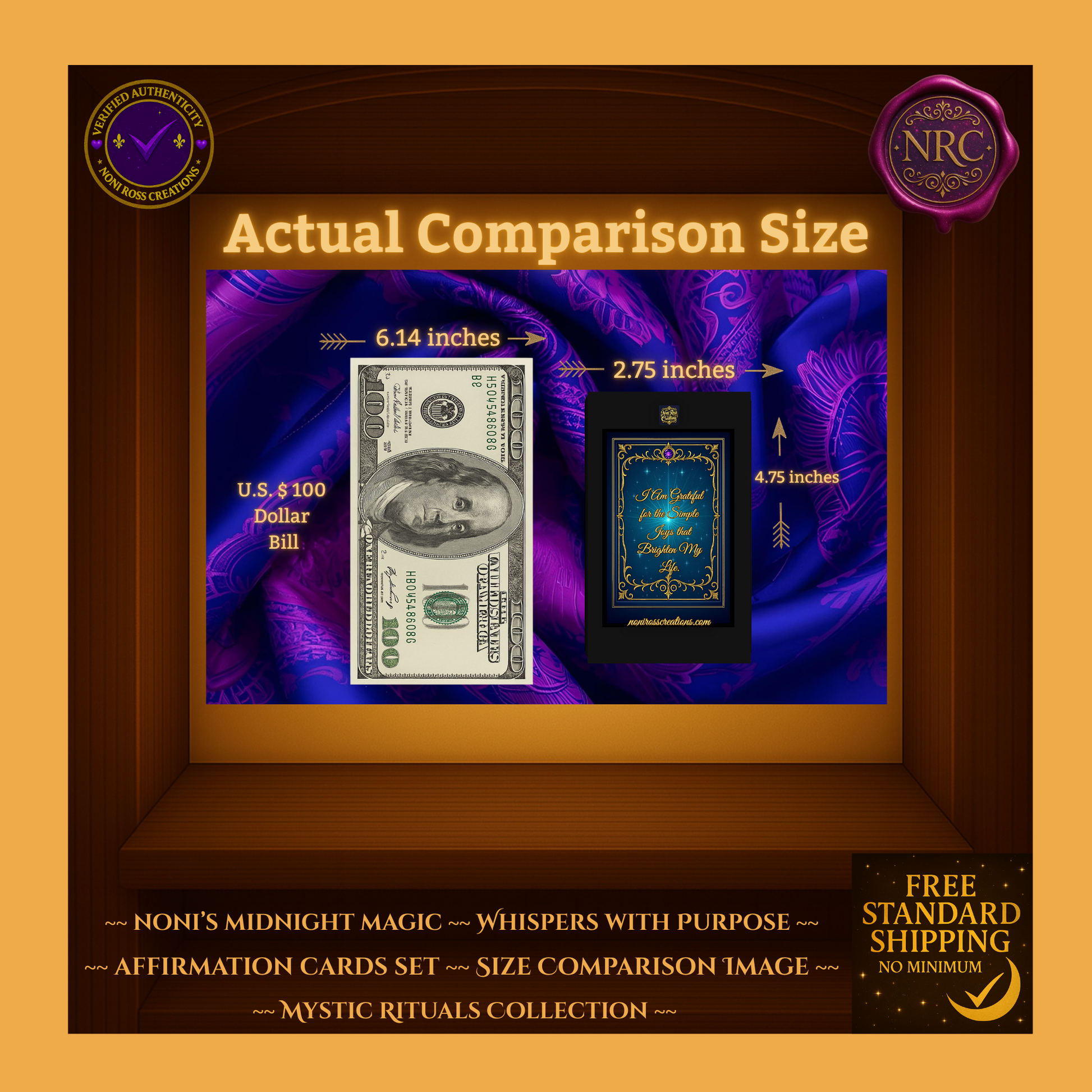 Whispers with Purpose tarot card next to U.S. $100 bill—card size approx. 2.75 × 4.75 inches for scale.