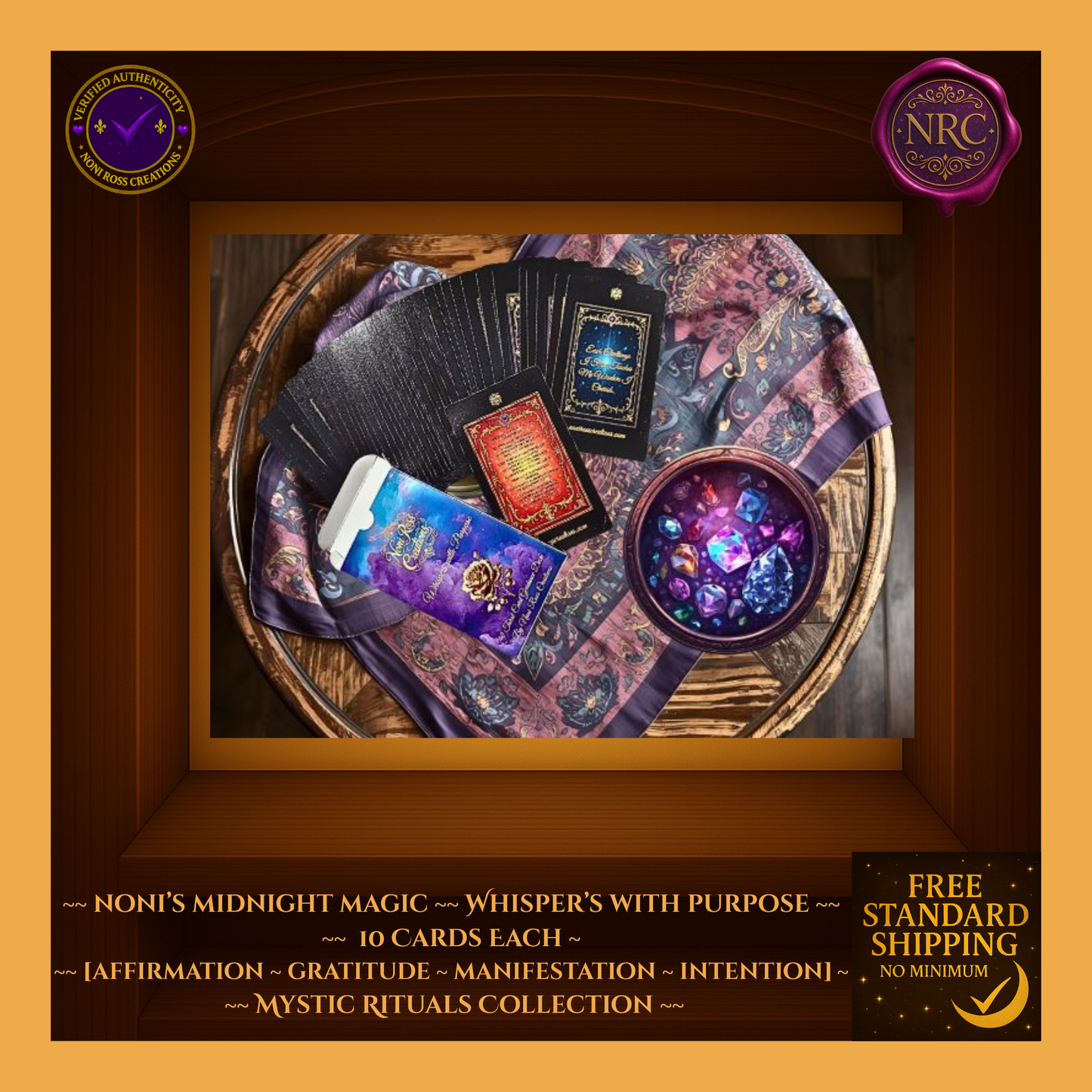 Stack of Whispers with Purpose cards on purple silk—cover card with Noni Ross Creations logo and assorted designs behind it.