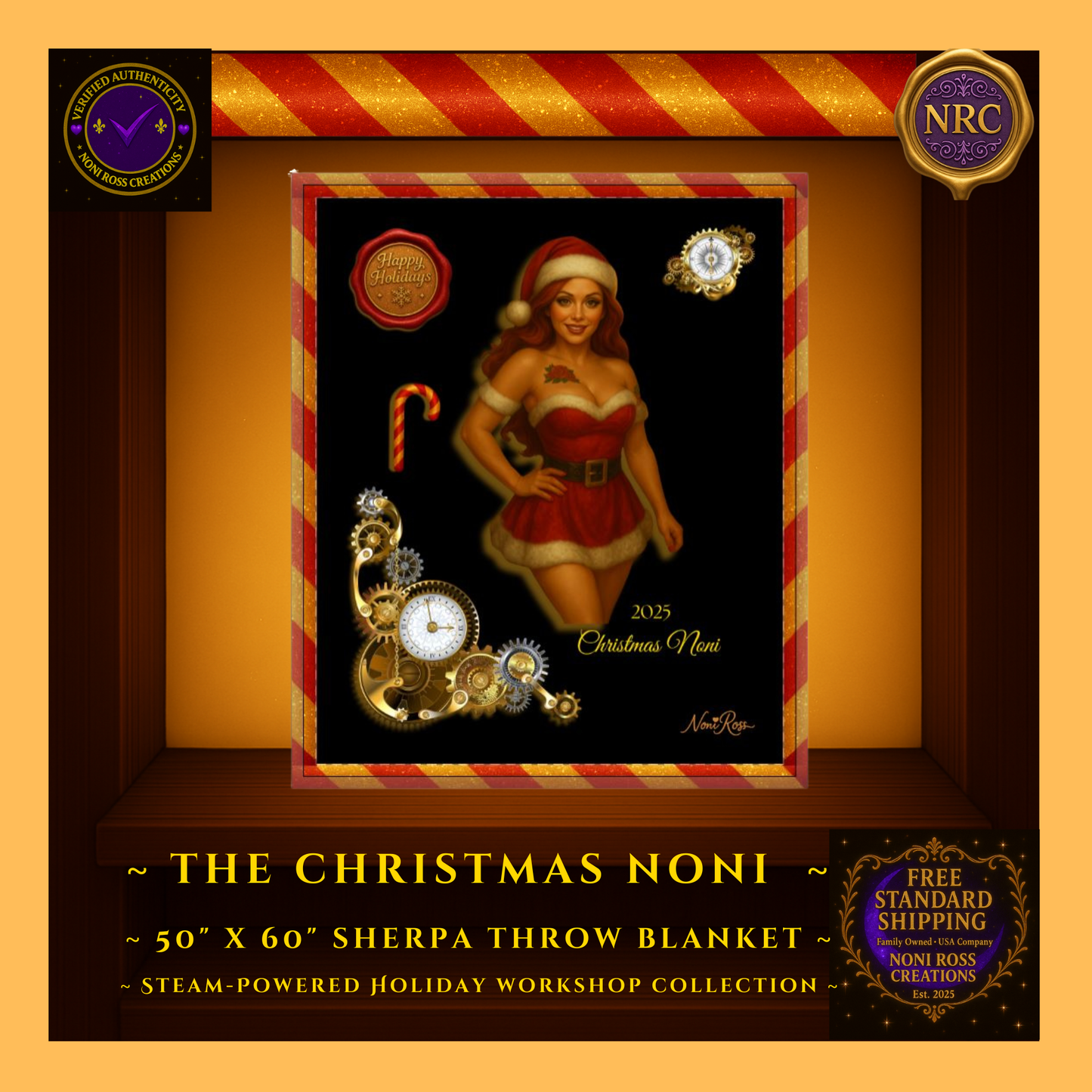 Close-up of 2025 Christmas Noni artwork showing Santa dress details, fur trim, candy cane, brass gears, and glowing Christmas elements on sherpa blanket