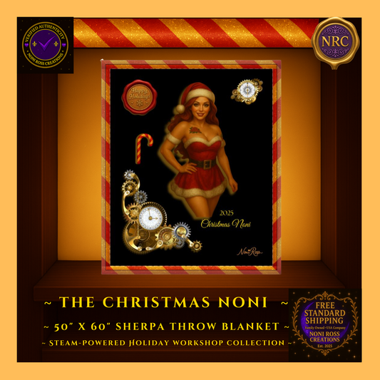 Close-up of 2025 Christmas Noni artwork showing Santa dress details, fur trim, candy cane, brass gears, and glowing Christmas elements on sherpa blanket