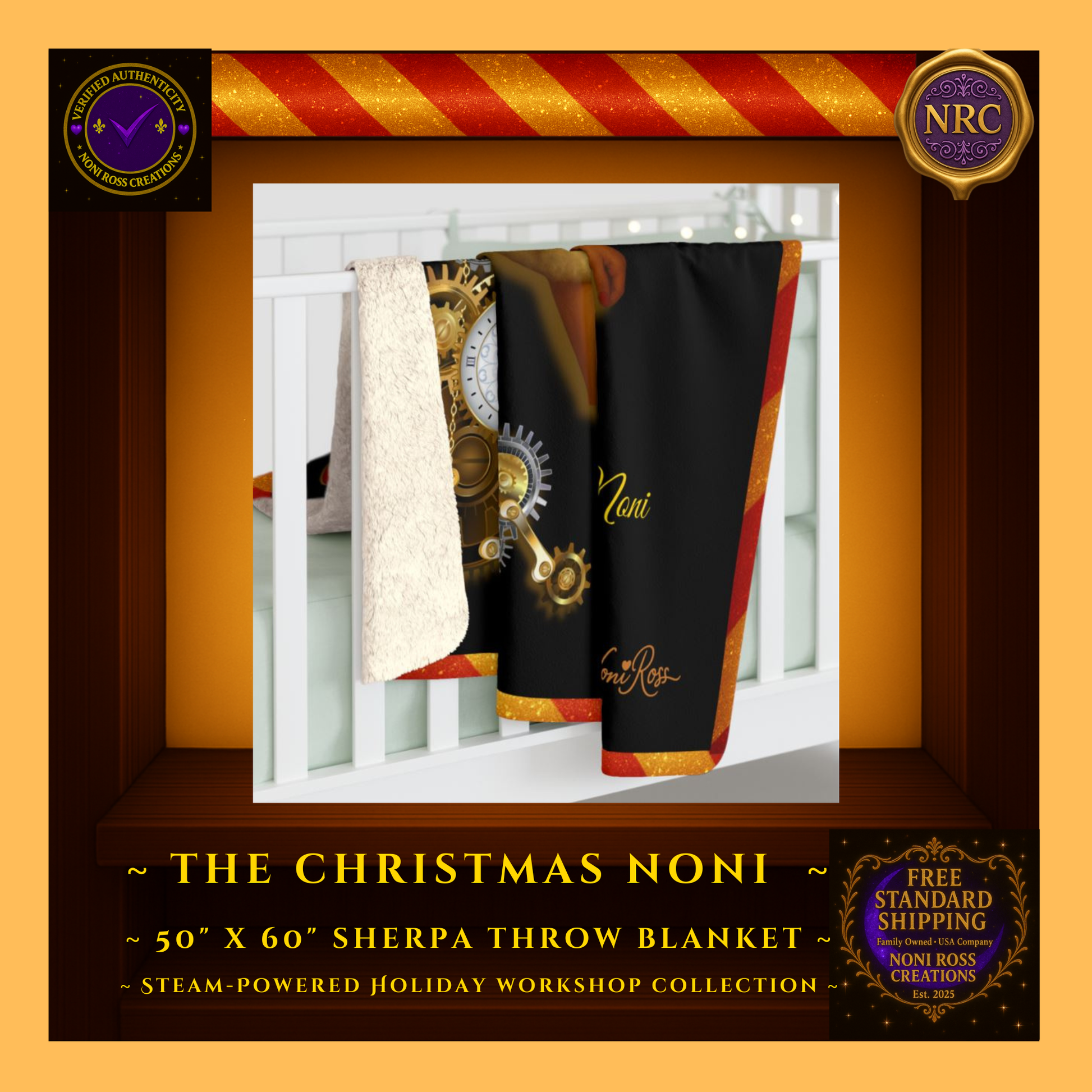 2025 Christmas Noni sherpa blanket displayed on a living-room couch inside a gold cubby frame as cozy festive steampunk Christmas décor