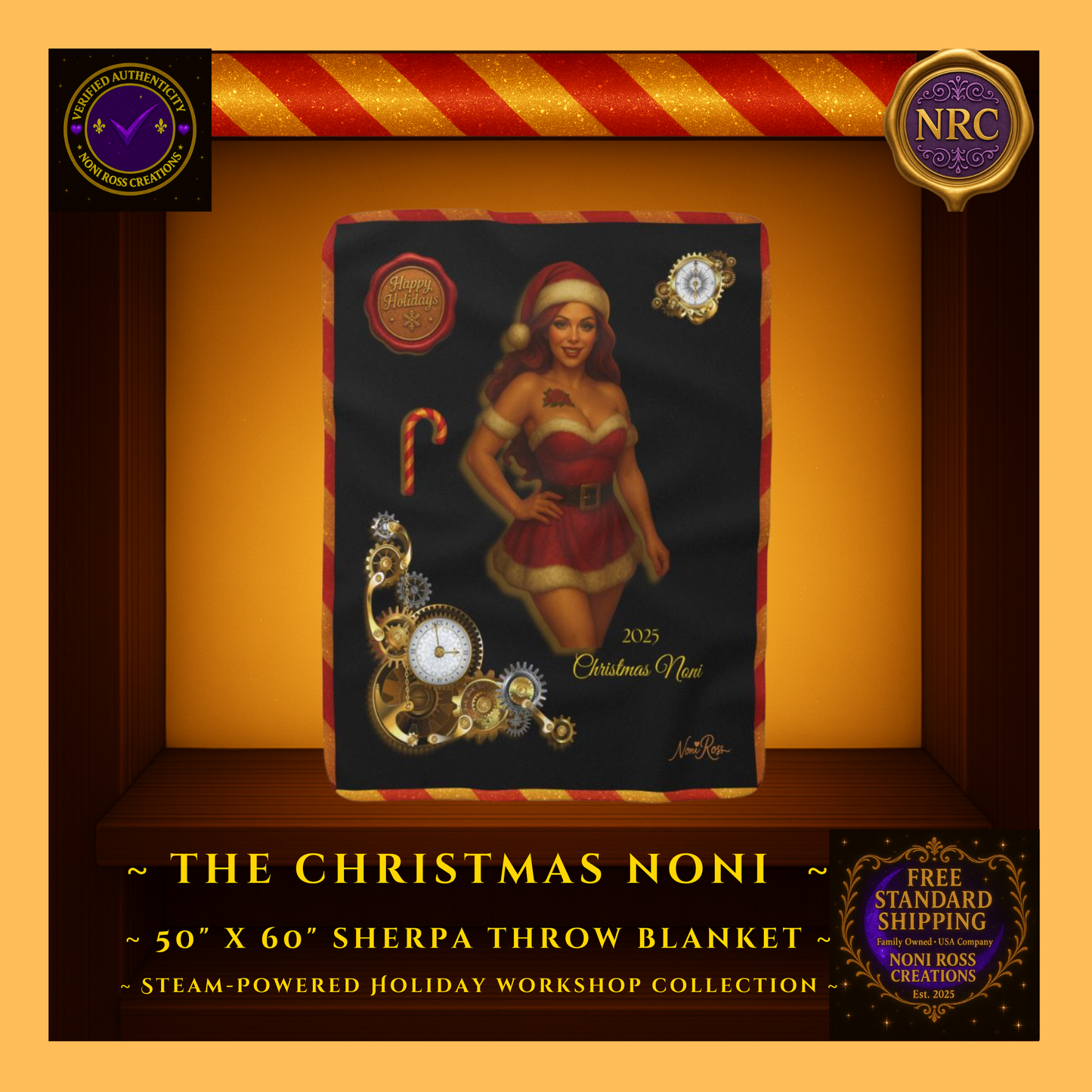 2025 Christmas Noni sherpa blanket displayed in a gold cubby frame with Noni in red Santa dress, brass gears, candy cane, and vintage holiday accents