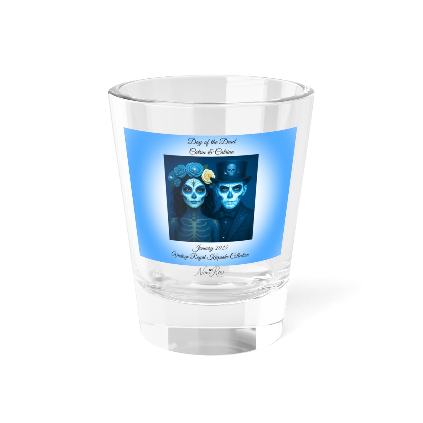 January day of the dead couple shot glass 1.5oz with blue catrin and catrina vintage keepsake design