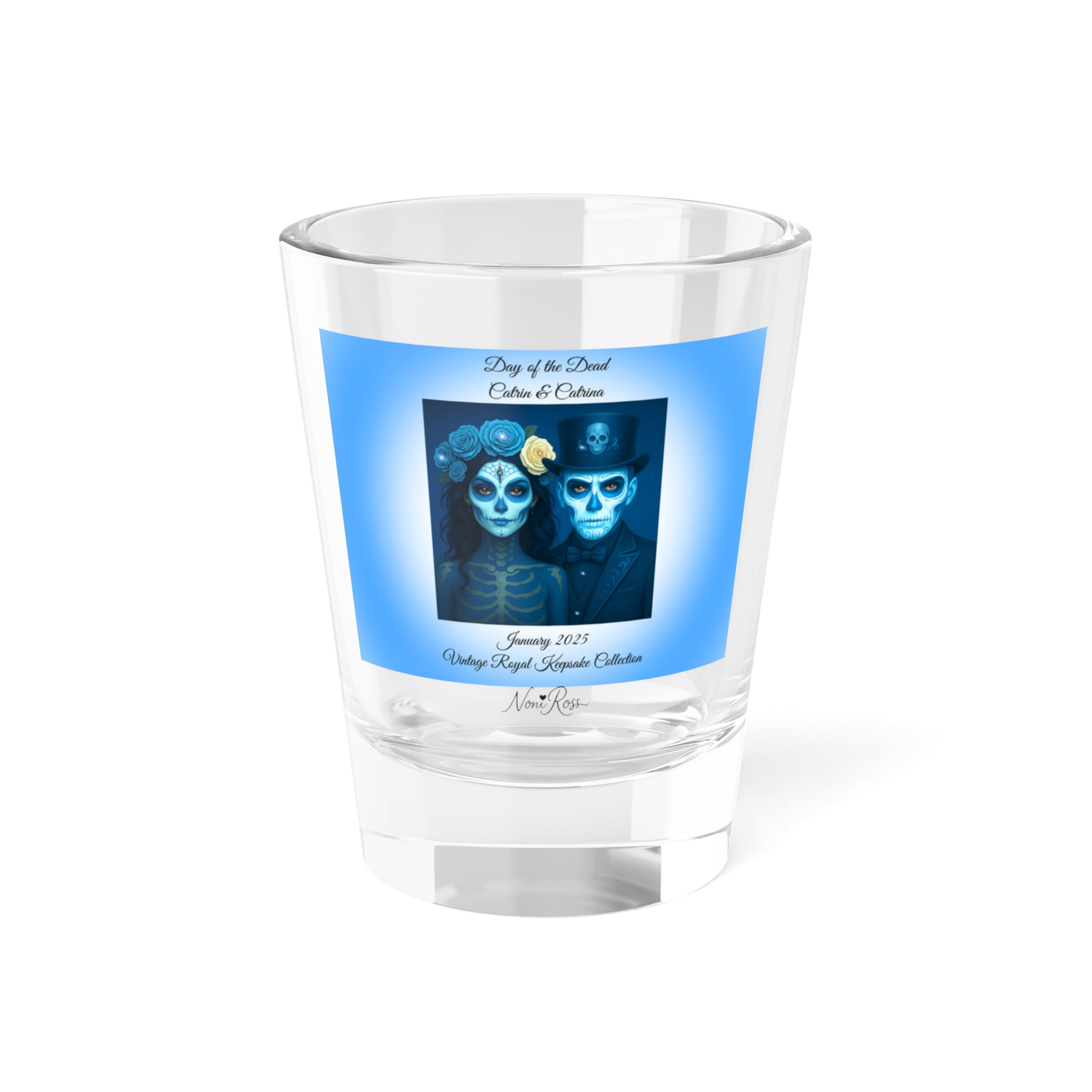 January day of the dead couple shot glass 1.5oz with blue catrin and catrina vintage keepsake design