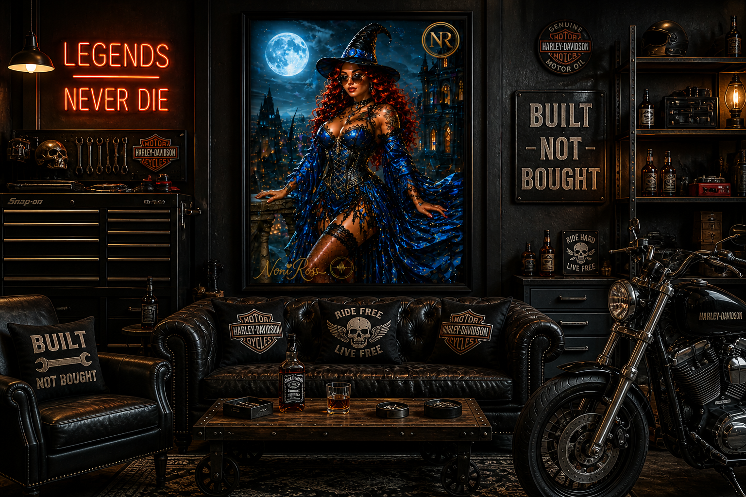 Midnight Moon witch poster by Noni Ross mounted in a premium garage workshop with tools, motorcycle, neon lighting, and rugged décor highlighting the blue moon fantasy artwork