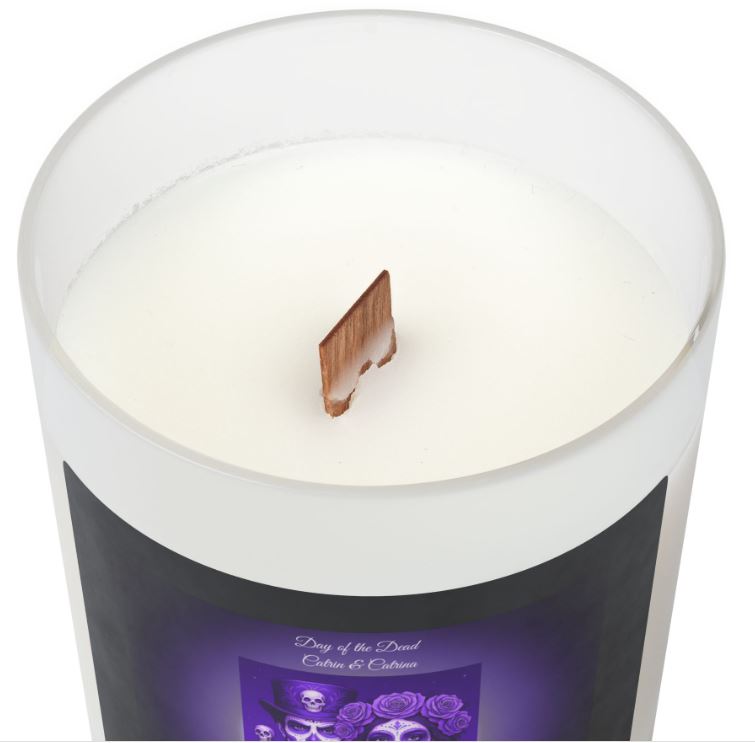 Wooden wick close up candle eco friendly crackling wick detail frosted glass candle