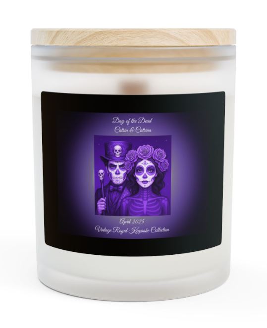 Day of the Dead April candle Catrin and Catrina blue design wooden wick candle Noni Ross Creations
