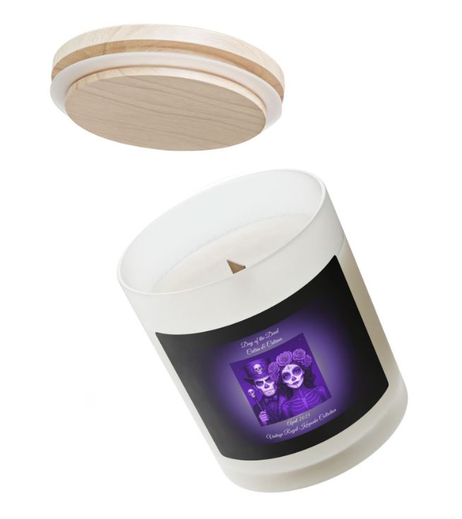 Frosted glass candle wooden wick cozy setting mockup relaxation candle scene