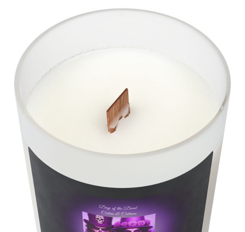 Wooden wick close up candle eco friendly crackling wick detail frosted glass candle