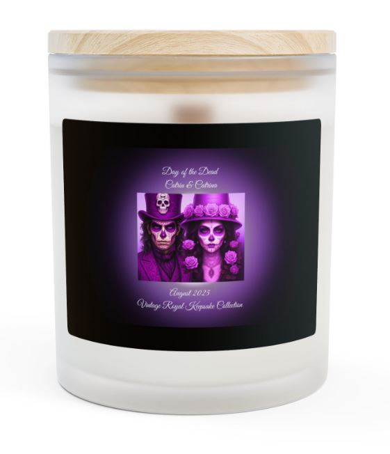 Day of the Dead August candle Catrin and Catrina blue design wooden wick candle Noni Ross Creations