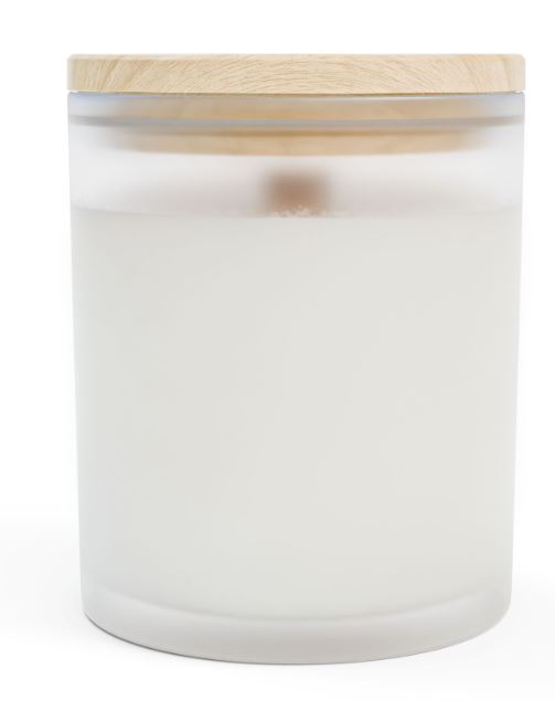 Frosted glass candle back view wooden wick coconut soy wax maple lid candle