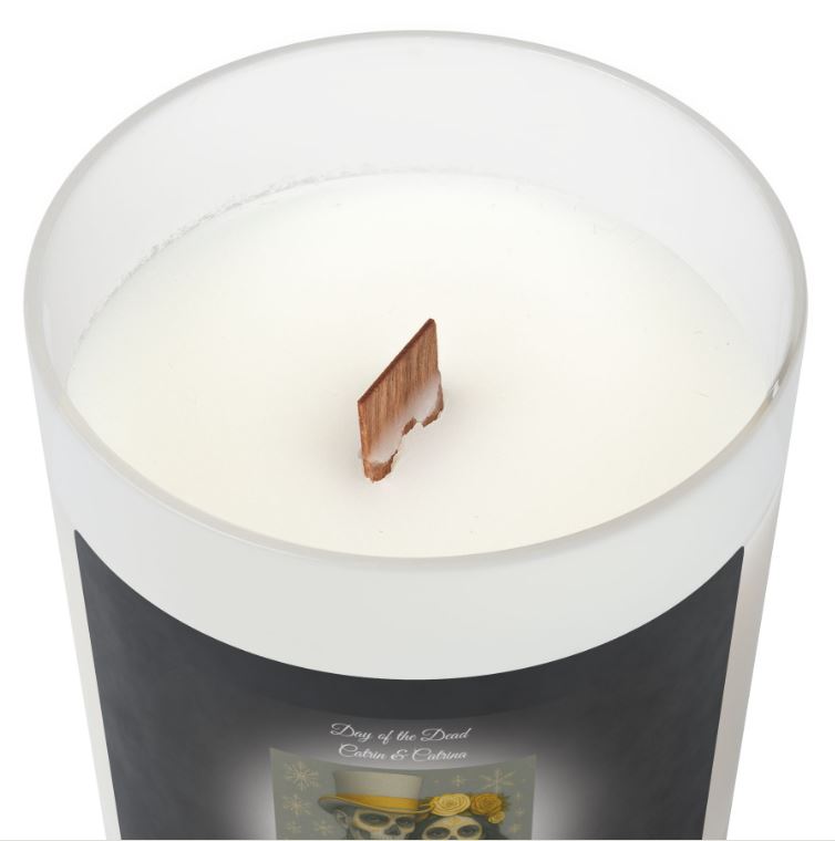 Wooden wick close up candle eco friendly crackling wick detail frosted glass candle