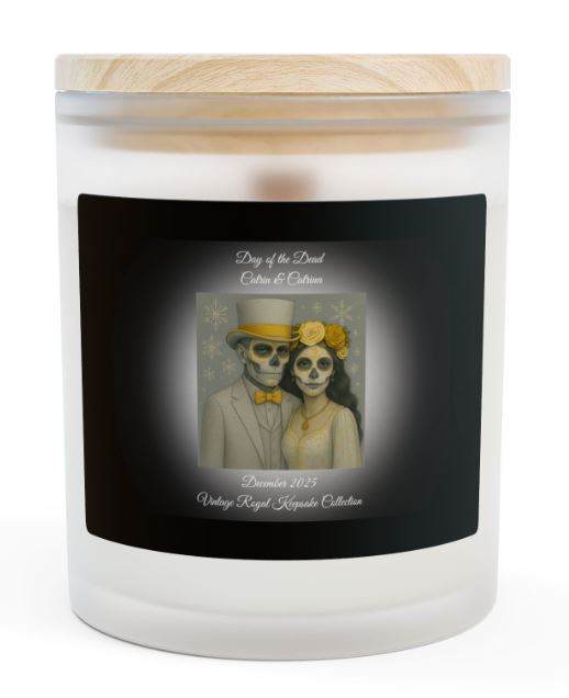 Day of the Dead December candle Catrin and Catrina blue design wooden wick candle Noni Ross Creations