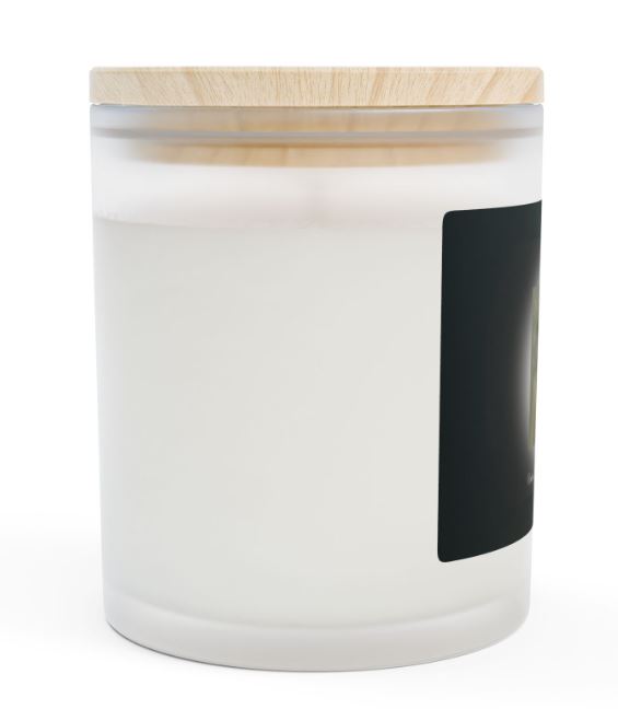 Day of the Dead candle left side view frosted glass wooden wick candle design