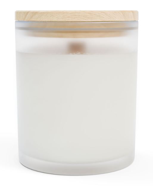 Frosted glass candle back view wooden wick coconut soy wax maple lid candle