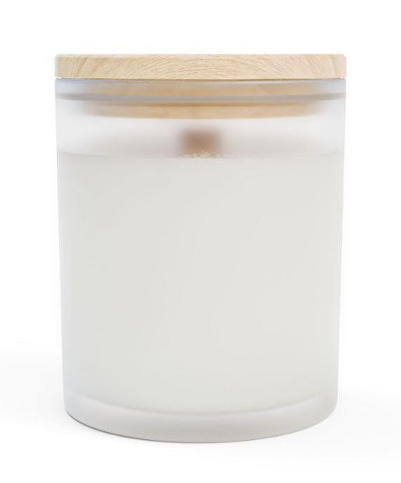Frosted glass candle back view wooden wick coconut soy wax maple lid candle