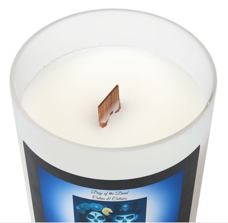 Wooden wick close up candle eco friendly crackling wick detail frosted glass candle