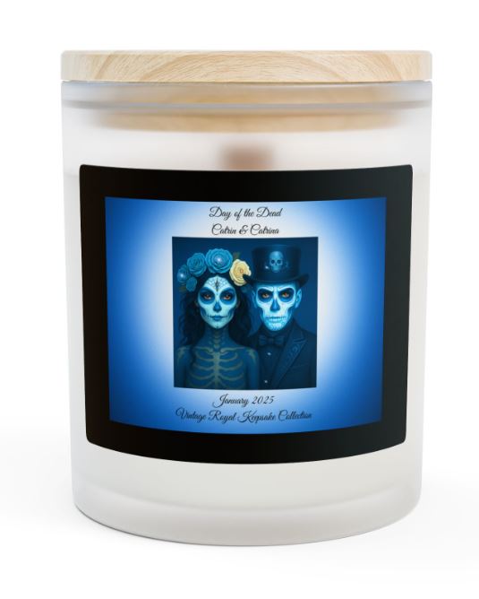 Day of the Dead January candle Catrin and Catrina blue design wooden wick candle Noni Ross Creations