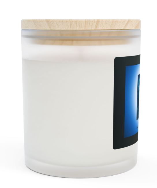 Day of the Dead candle left side view frosted glass wooden wick candle design