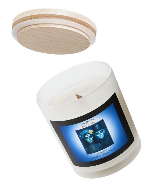 Frosted glass candle wooden wick cozy setting mockup relaxation candle scene